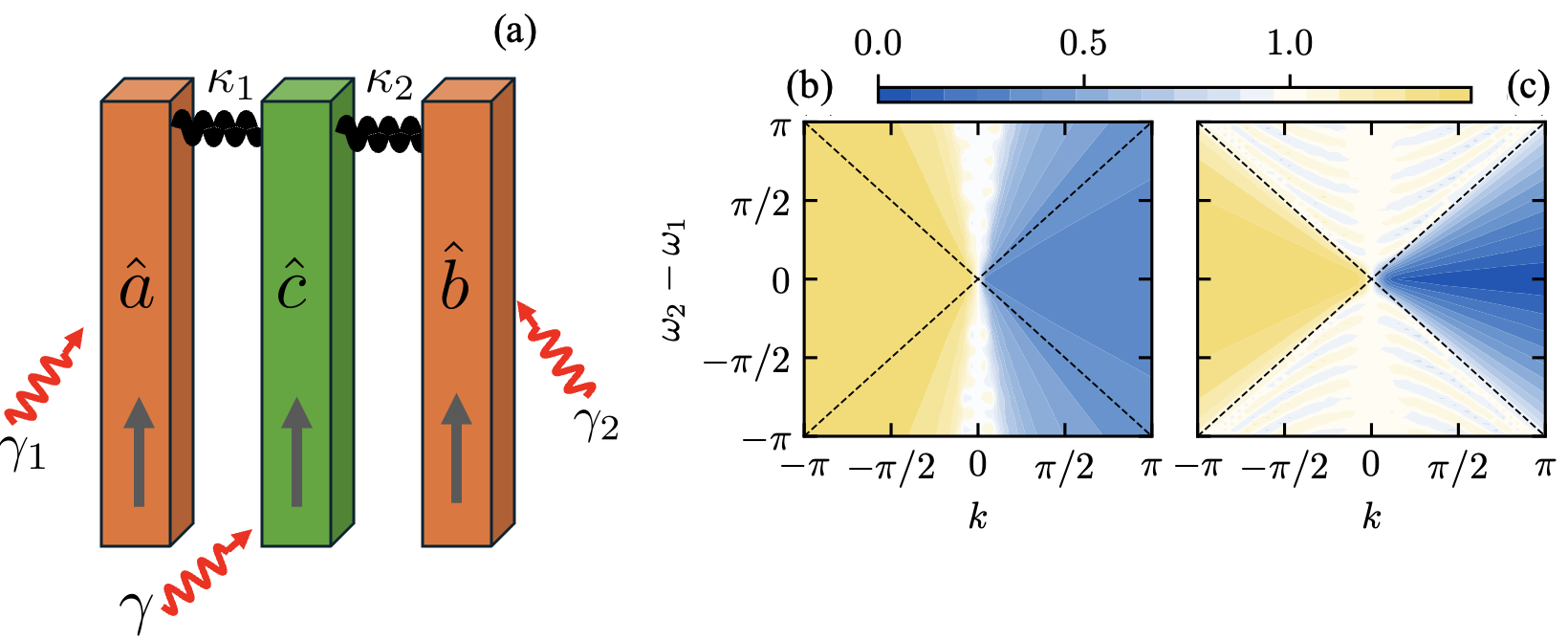 Figure 1. (a) Schematic of the coupled waveguide model with all three waveguides a ̂, b ̂, c ̂ experiencing dissipation. The reduced model of waveguides a ̂ and b ̂ (orange waveguides) represents the anti-PT symmetric system. In (b) and (c) the color represents a measure of synchronization with blue and yellow indicating the system synchronizes, whereas white indicating that no synchronization occurs. (b) represents the quantum case while (c) is for the classical counterpart. The classical system synchronizes within the well-defined classically predicted boundaries of synchronization given by the dashed lines, while the quantum system is ubiquitous and synchronizes well beyond the classical boundaries.