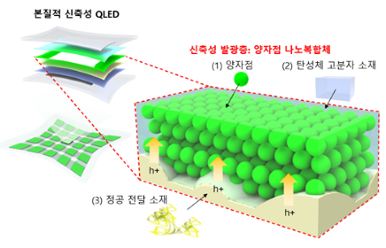 연구진이 개발한 스트레처블 QLED와 핵심 발광소재인 신축성 양자점 나노복합체