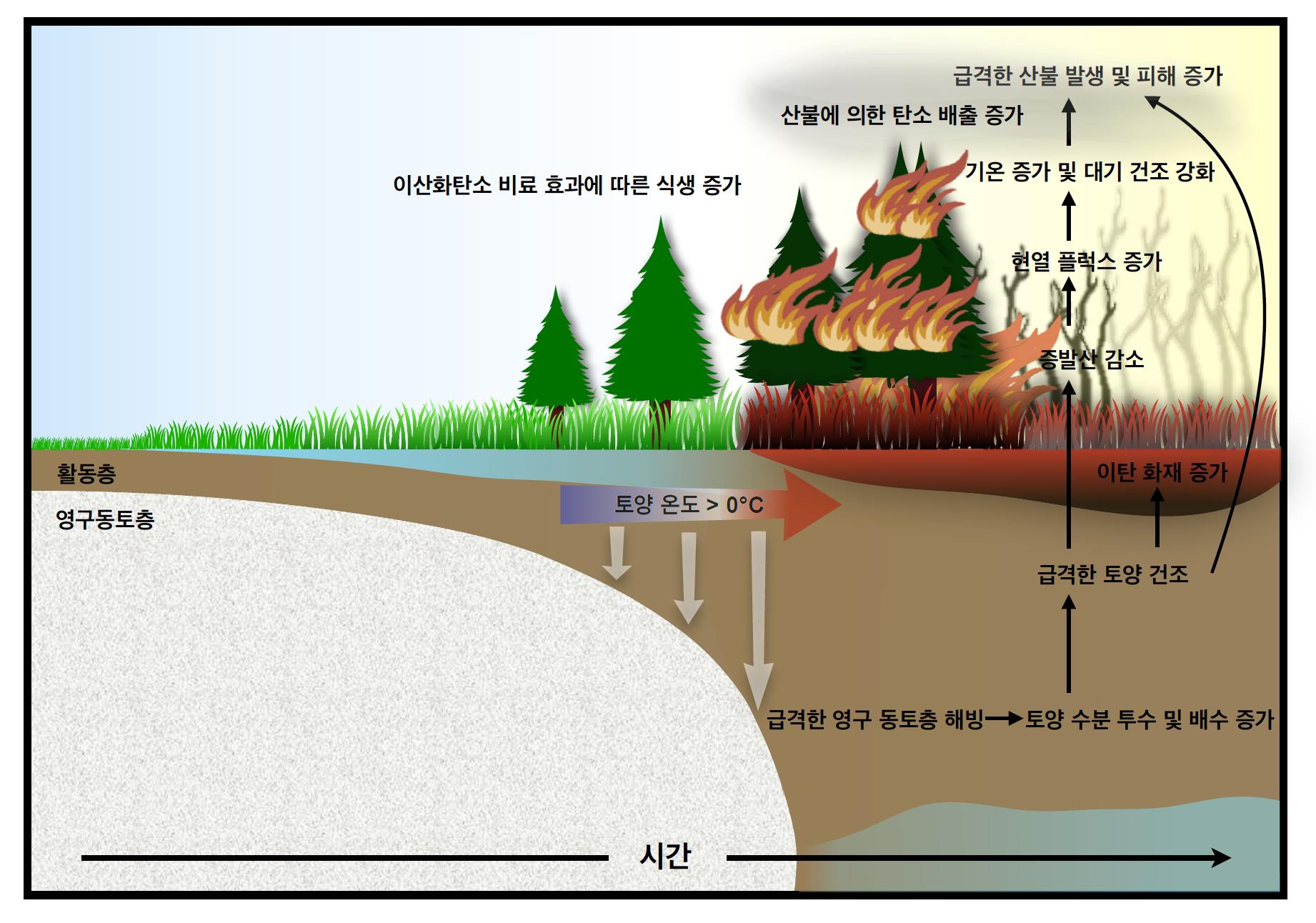 가속화된 지구온난화로 인해 급격한 영구동토층 해빙에 따른 북반구 극지역 산불 강화 메커니즘에 대한 모식도