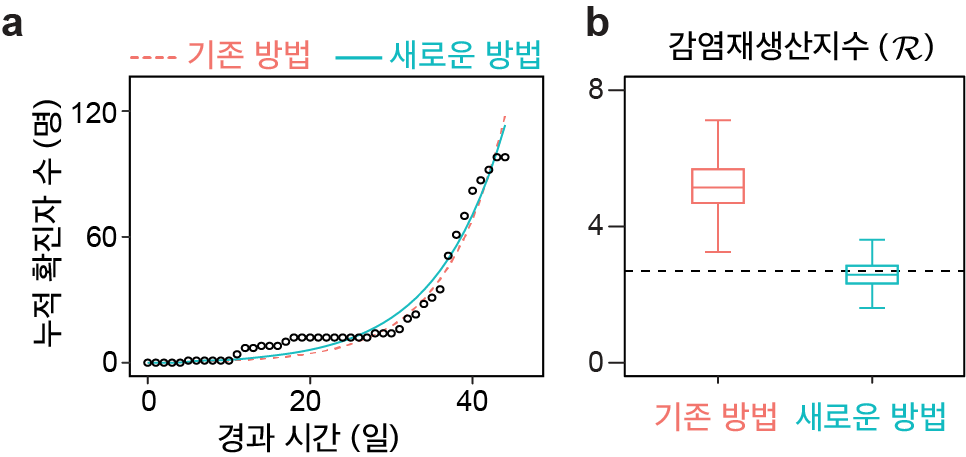 [그림 2] 전염병 역학 지표를 추정하는 기존 방법과 새로운 방법의 추정 결과
    실제 COVID-19 확진자 자료에 기존 방법과 새로운 방법 적용한 결과. (a) 두 방법 모두 확진자 숫자를 정확하게 근사하였다. (b) 하지만, 감염재생산지수(R)을 추정한 결과, 새로운 방법은 실제 접촉 및 감염 자료에 기반하여 계산된 값(점선으로 표시)에 근접하게 추정한 반면, 기존 방법은 2배에 가까운 값으로 과대 추정을 하였다.