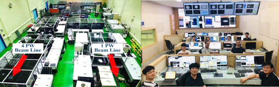 Figure 2. (left) CoReLS 4-PW laser. (right) Control room of the PW laser during nonlinear Compton scattering experiments. 