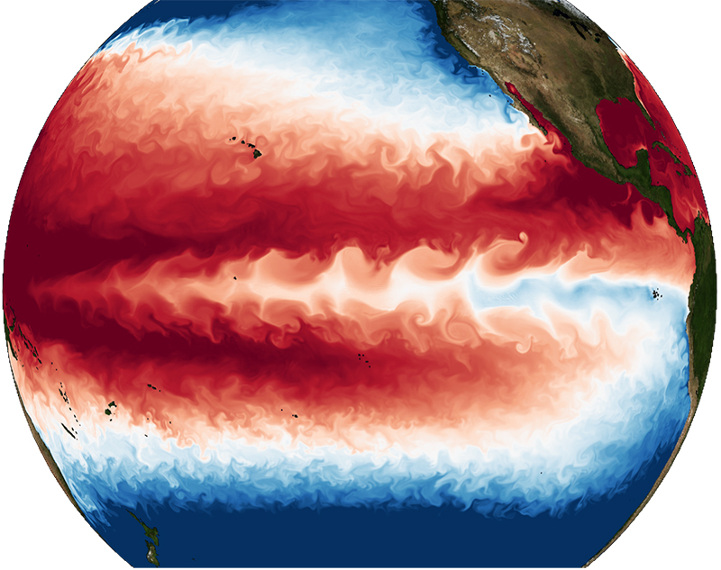 [그림 1] 전례 없는 공간 해상도의 대기-해양 결합 모델에서 시뮬레이션 된 해수면 온도. 적도 태평양에서 보이는 물결 모양 구조의 차가운 해수 흐름이 열대 불안정파를 나타낸다. 해당 시뮬레이션은 IBS의 슈퍼컴퓨터 알레프(Aleph)에서 수행되었다.